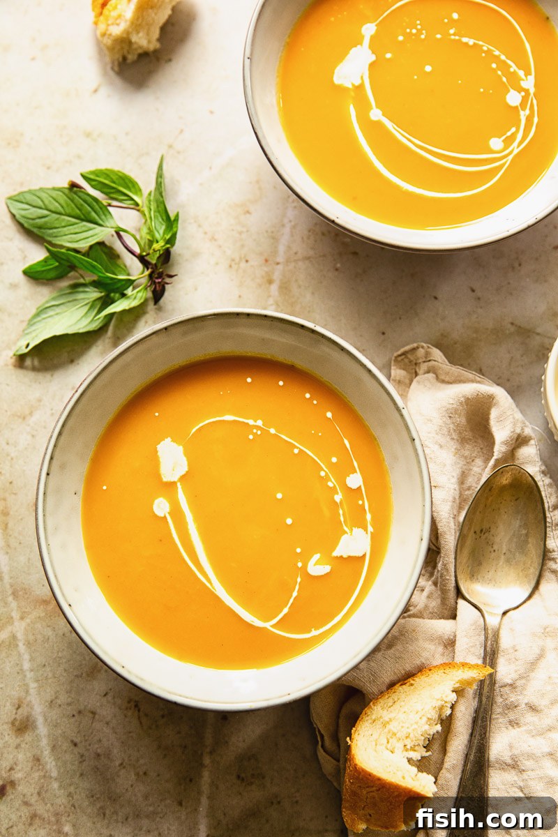 top down view of two bowls of squash and sweet potato soup and Thai basil leaves