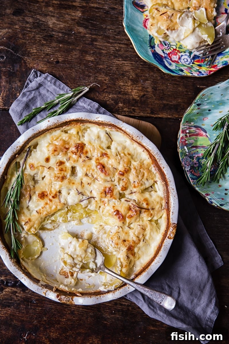 Baking dish with potatoes au gratin from the top down, showing golden cheese crust