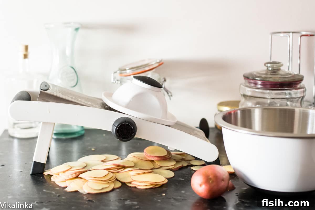 Hands using a mandoline slicer for potatoes