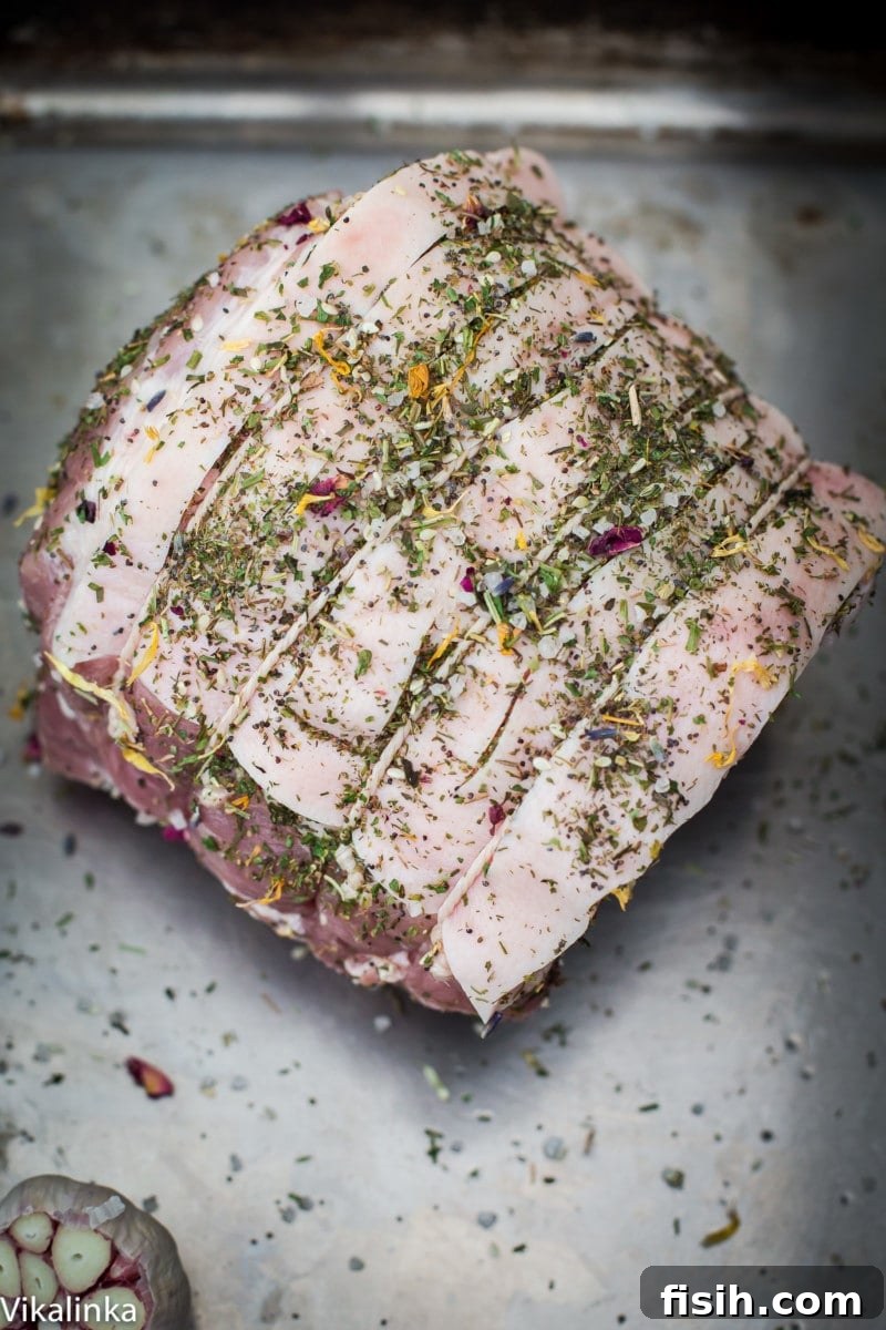 Uncooked pork shoulder roast with a flavorful rub applied to the scored skin