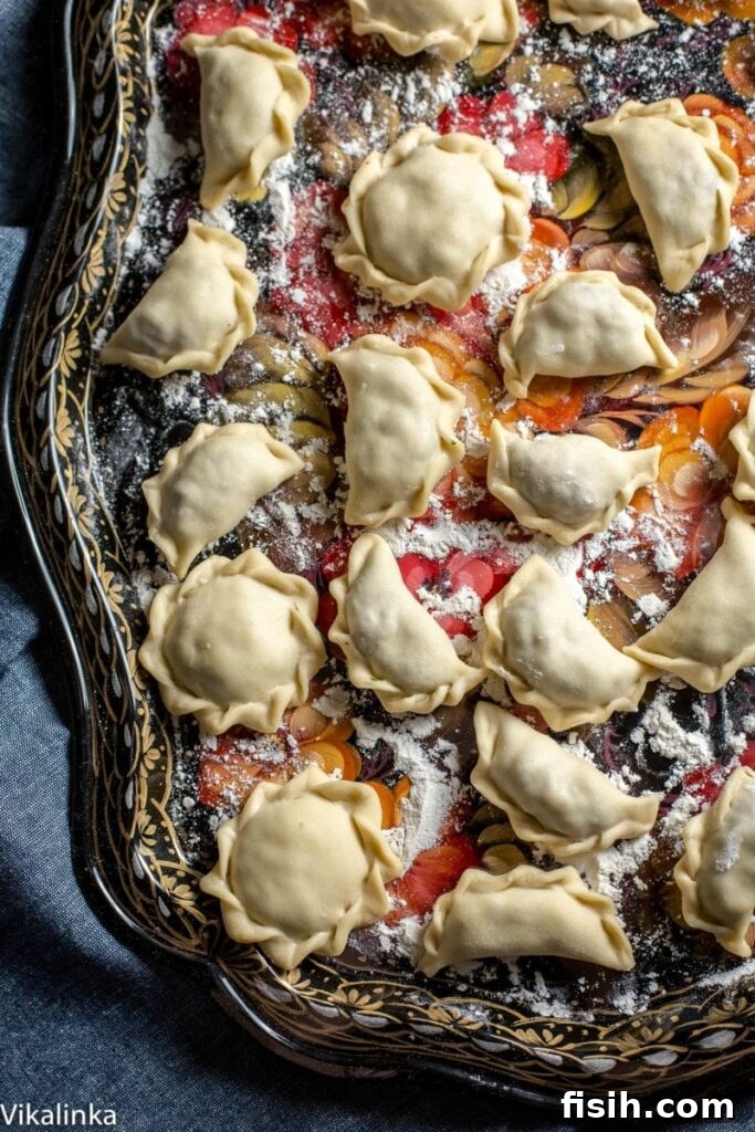 top down view of dumplings on a patterned tray