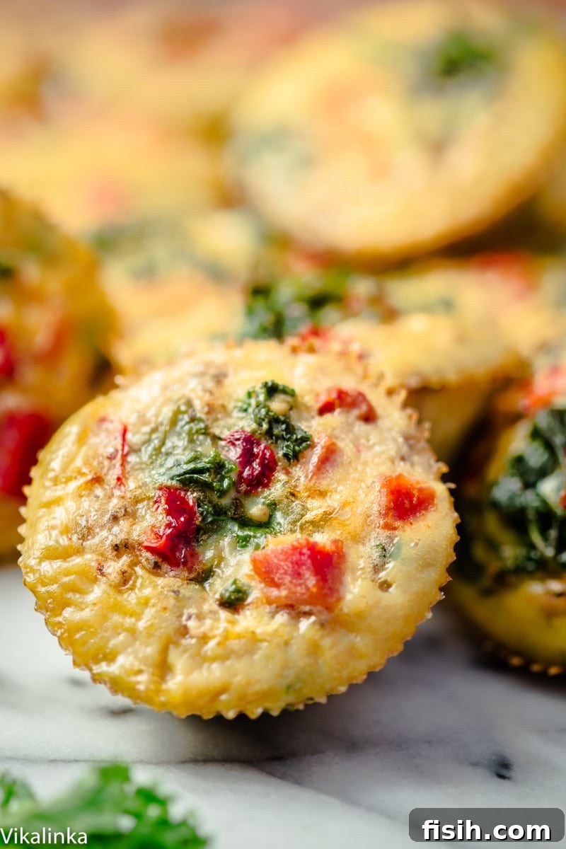 Close-up of a golden-brown mini frittata revealing sautéed kale, diced ham, and savory egg custard.