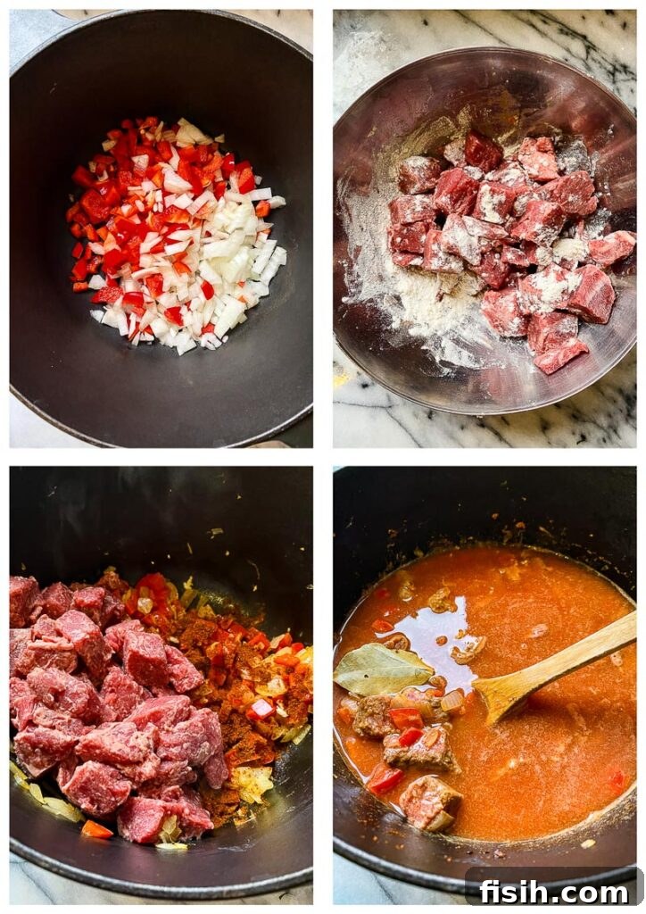 A visual guide showing the step-by-step process of preparing Beef Goulash, from browning meat to simmering in a pot.