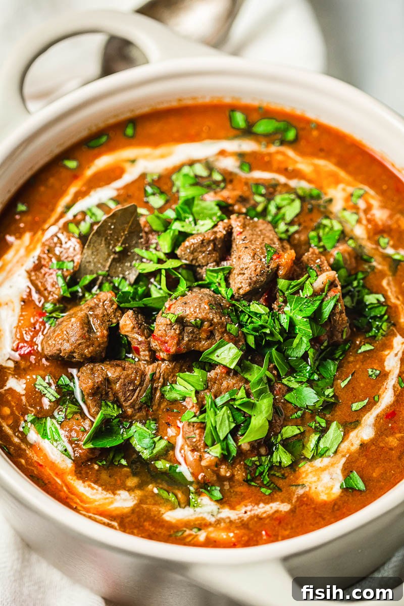 A hearty serving of Hungarian Goulash in a bowl, generously sprinkled with fresh, vibrant parsley for garnish.