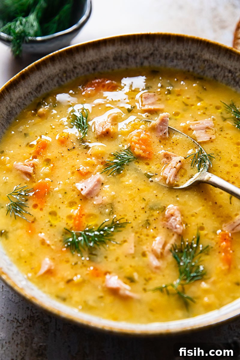 split pea and ham soup sprinkled with fresh dill