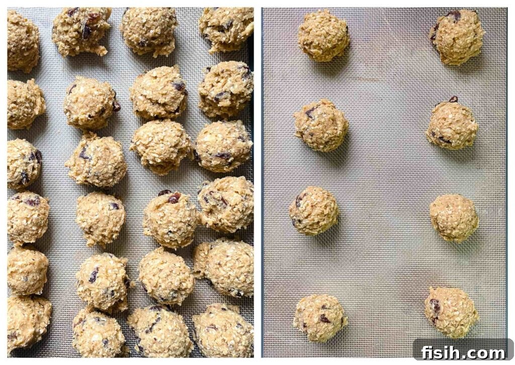 Process shots of cowboy cookie dough spread on a baking sheet in cookie sized balls