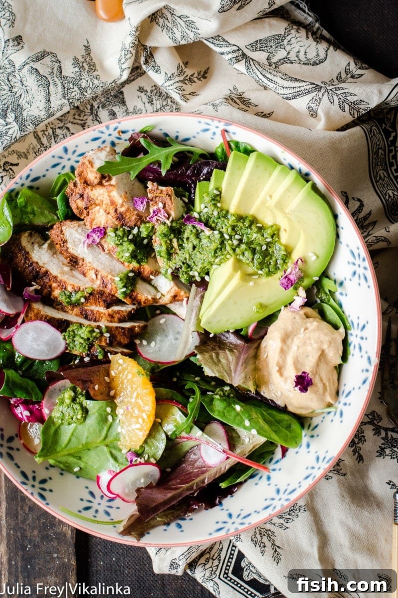 Eastern Mediterranean Mezze Bowl 4 Top down shot of a completed Middle Eastern Salad Bowl with grilled chicken, avocado, baba ganoush, and zhoug
