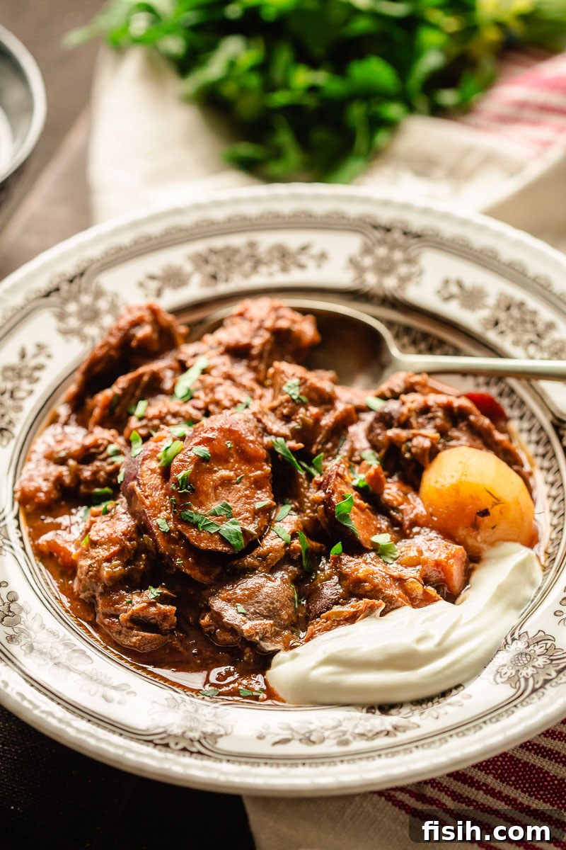 A rustic bowl of Russian Solyanka beef stew topped with a dollop of creamy sour cream and a sprig of fresh dill, presented on a wooden surface.