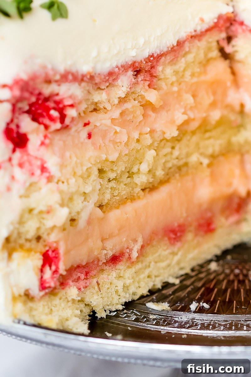 A close-up view of the interior of the Rose Rhubarb Layer Cake, highlighting the fluffy vanilla sponge and the vibrant, thick rhubarb curd filling.