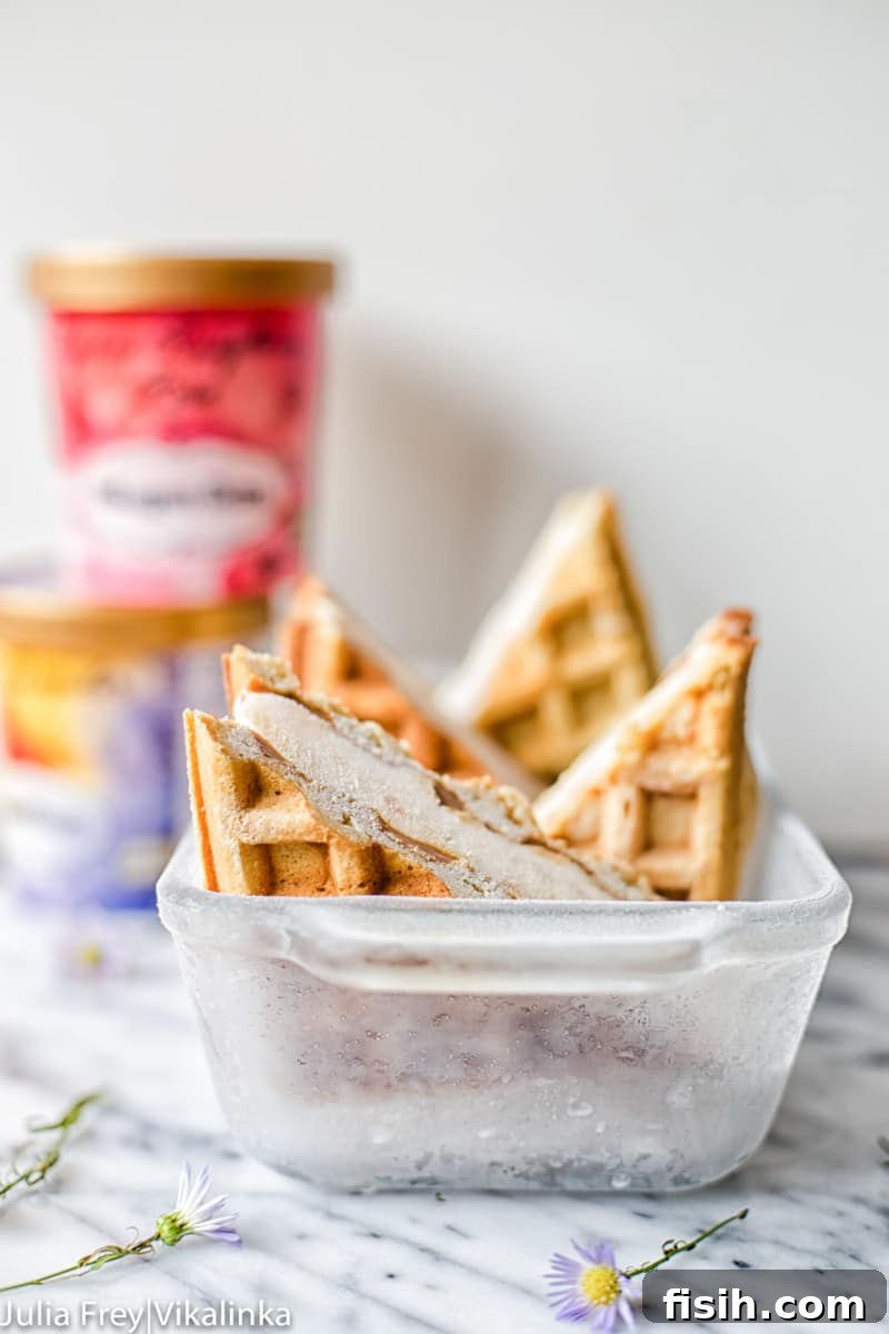 Ice Cream Wafflewiches 2 Frozen baking tin with waffle ice cream sandwiches inside, ready to be enjoyed.