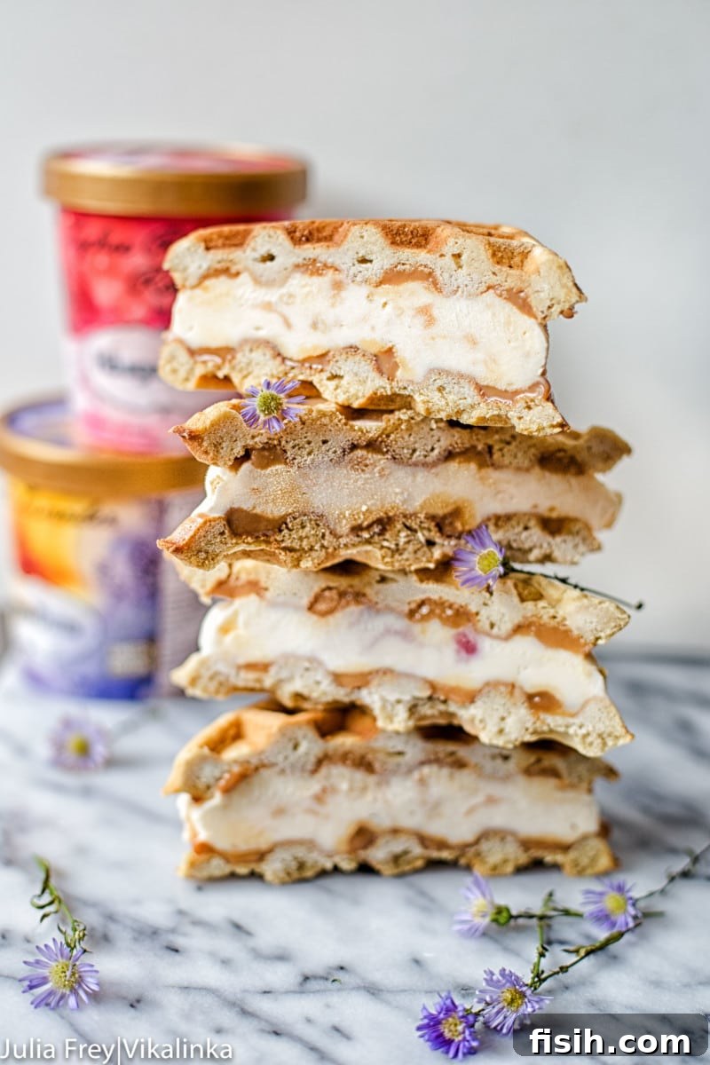 Ice Cream Wafflewiches 3 Side view of a perfectly assembled waffle ice cream sandwich, showcasing the layers of waffle, dulce de leche, and ice cream.