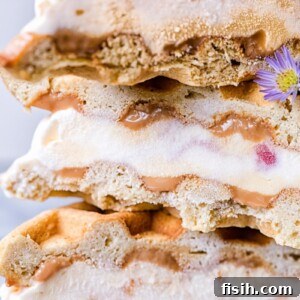 Stack of waffle ice cream sandwiches seen close up