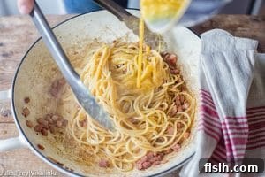 Egg mixture poured over pasta