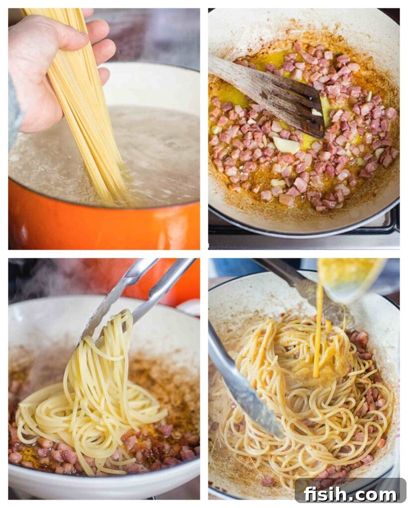 Four process images showing how to make the pasta dish
