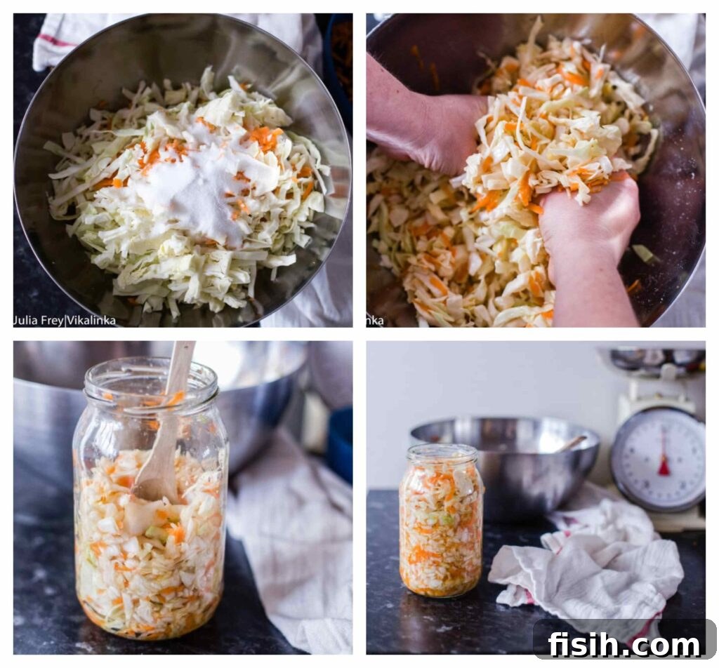 Collage of sauerkraut process images: slicing cabbage, mixing with carrots, packing into jars, and the final fermented product