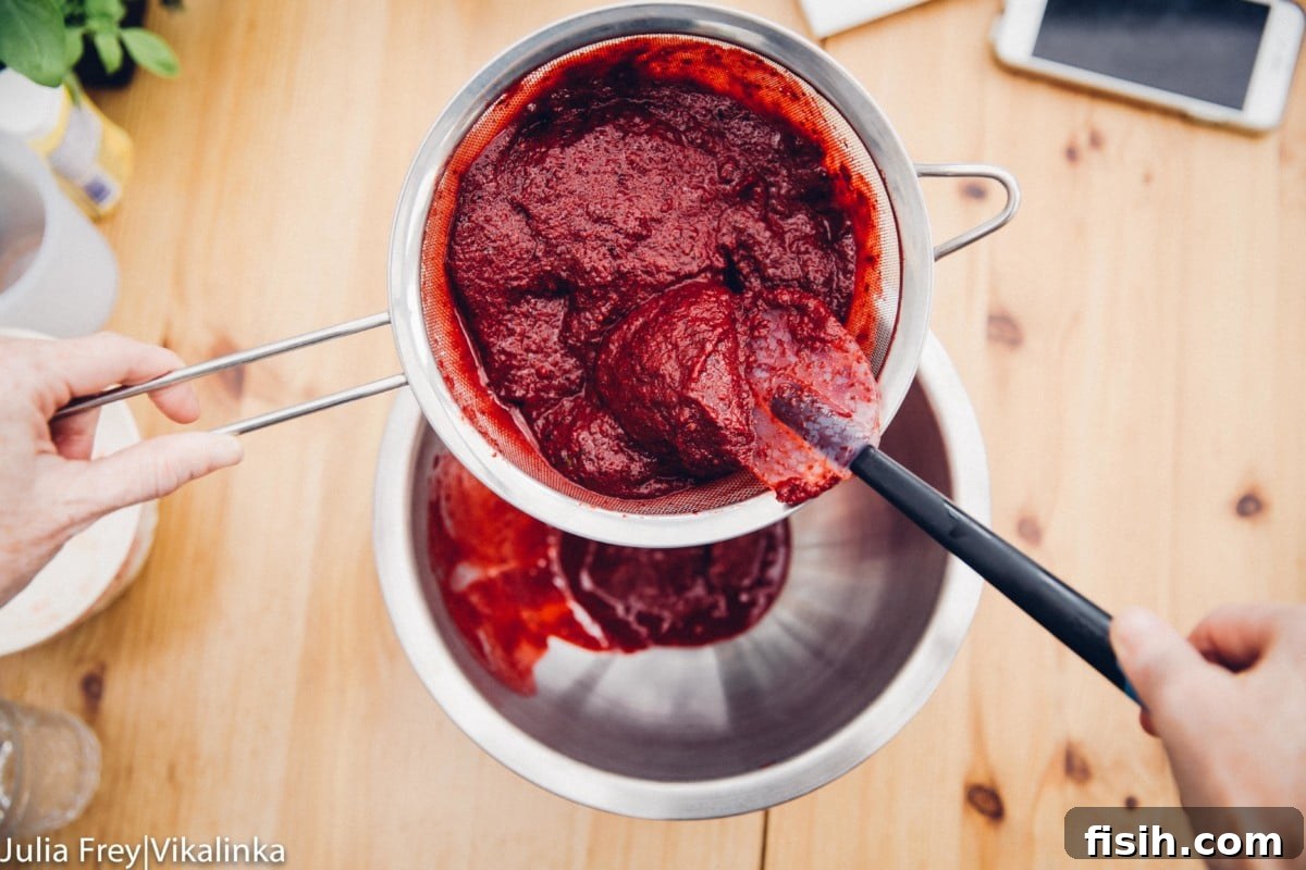 Processed blackberries being pushed through a colander
