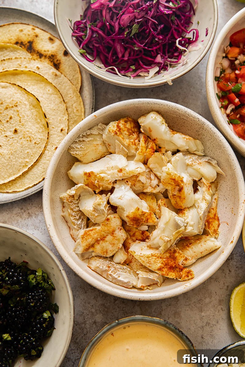 separate components of fish tacos: fish, salsa, and slaw
