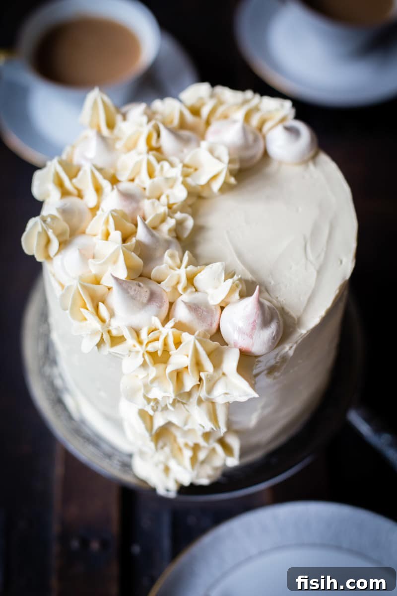 Ethereal Earl Grey Meringue 3 Close-up view of the top of the Earl Grey meringue cake, highlighting the crunchy meringue pieces.