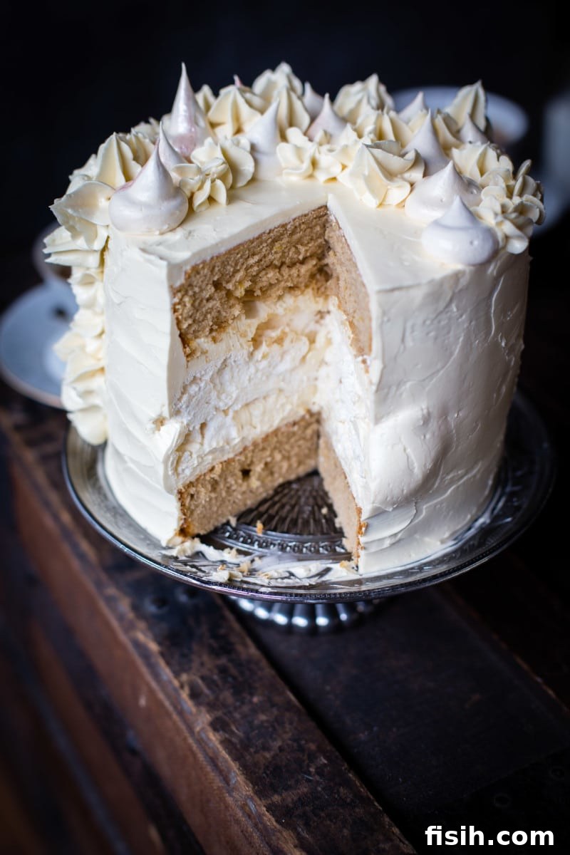 Ethereal Earl Grey Meringue 4 A slice removed from the Earl Grey meringue cake, showcasing its beautiful layers.