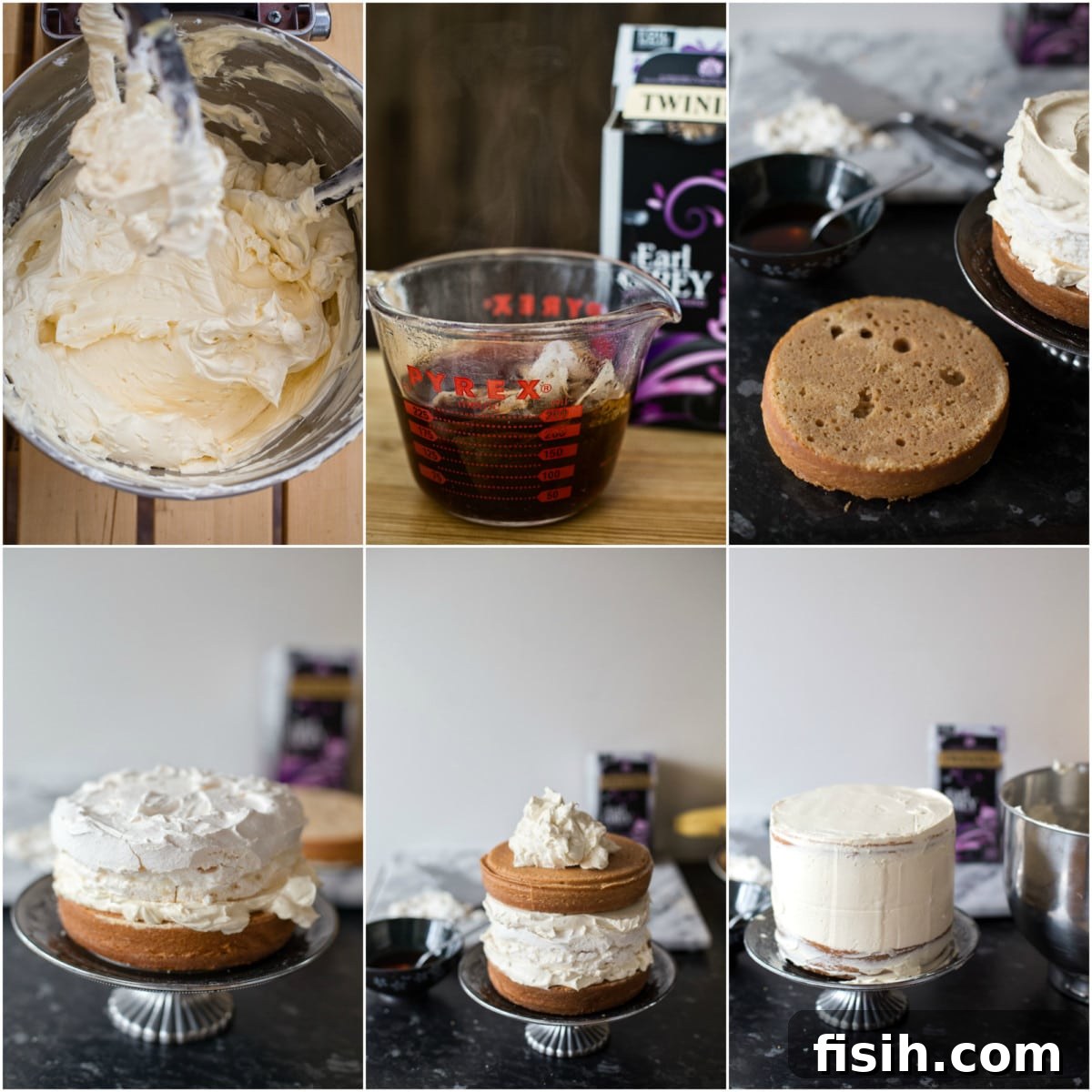 Ethereal Earl Grey Meringue 8 Process shots illustrating the step-by-step assembly of the Earl Grey meringue cake, layer by layer.