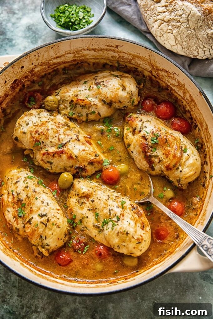 Top down view of golden-brown chicken breasts with olives, cherry tomatoes, and a light sauce in a cast iron pan