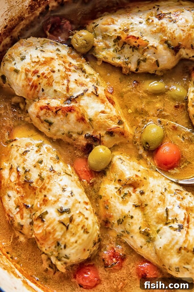 Close up of cooked chicken Provencal with visible olives and halved cherry tomatoes in a rich, herby sauce