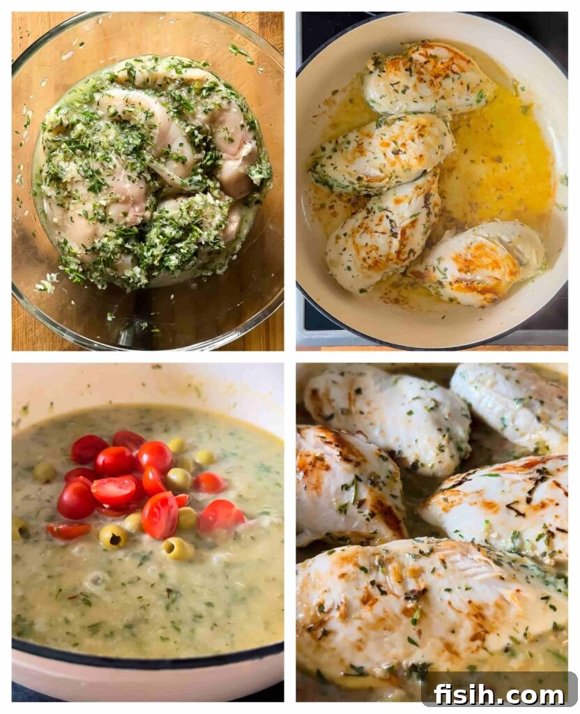 Four process shots showing the preparation of Chicken Provencal, including marinating, browning chicken, and simmering the sauce