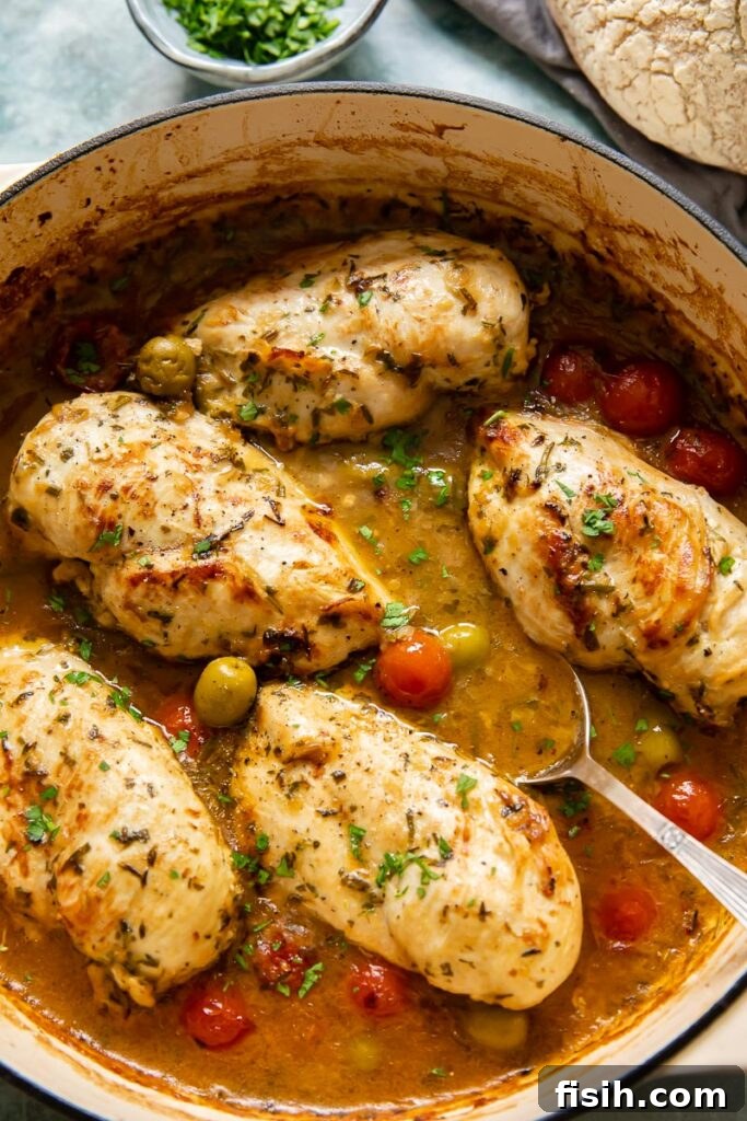 Close up of five perfectly cooked chicken breasts nestled in a vibrant Provencal sauce with olives and tomatoes