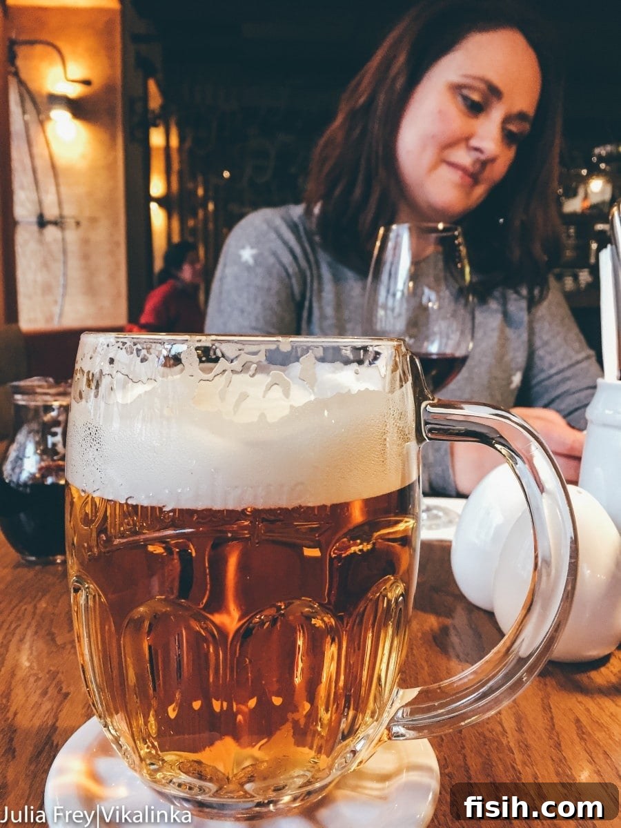Rustic interior of a traditional Czech pub with wooden elements