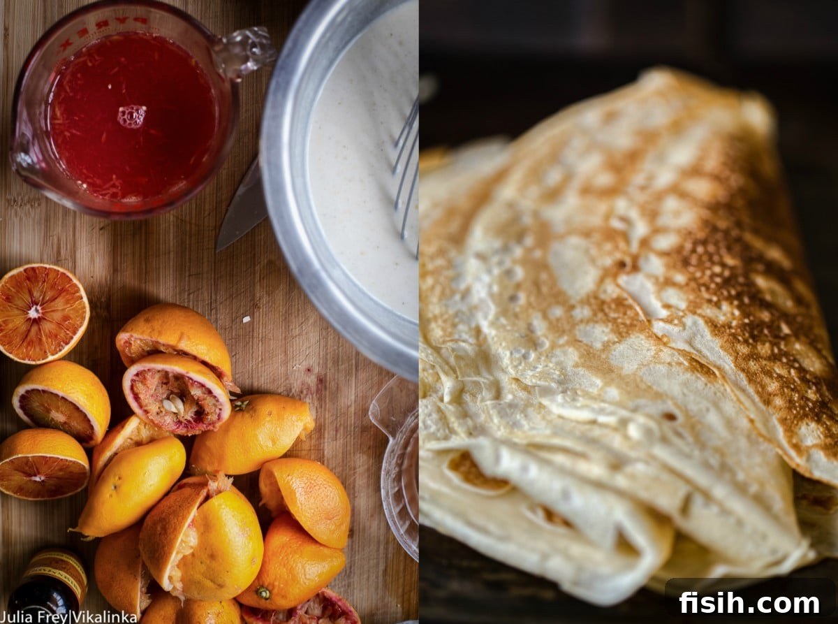 A collage featuring fresh blood oranges, juice, and ingredients for the crepe cake