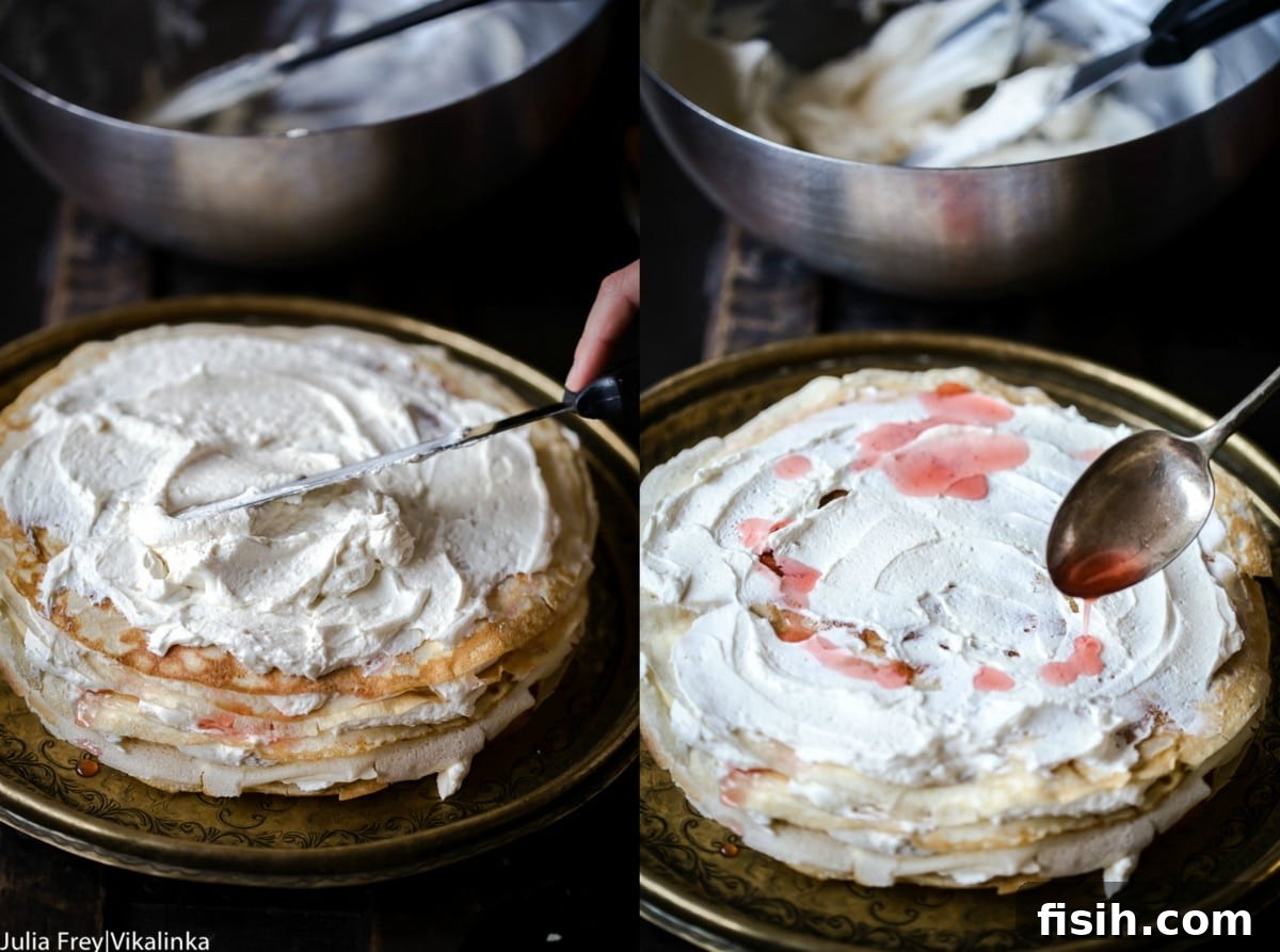Process images showing the making of crepes and assembling the layered crepe cake