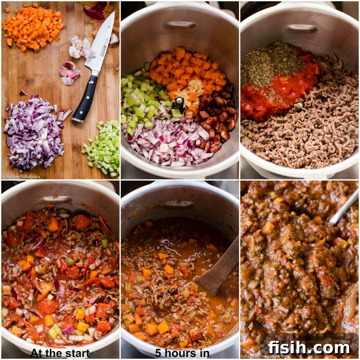 Effortless Slow Cooker Bolognese 6 A visual progression showing the stages of slow cooker beef bolognese sauce: beginning, 5 hours, and 8 hours.