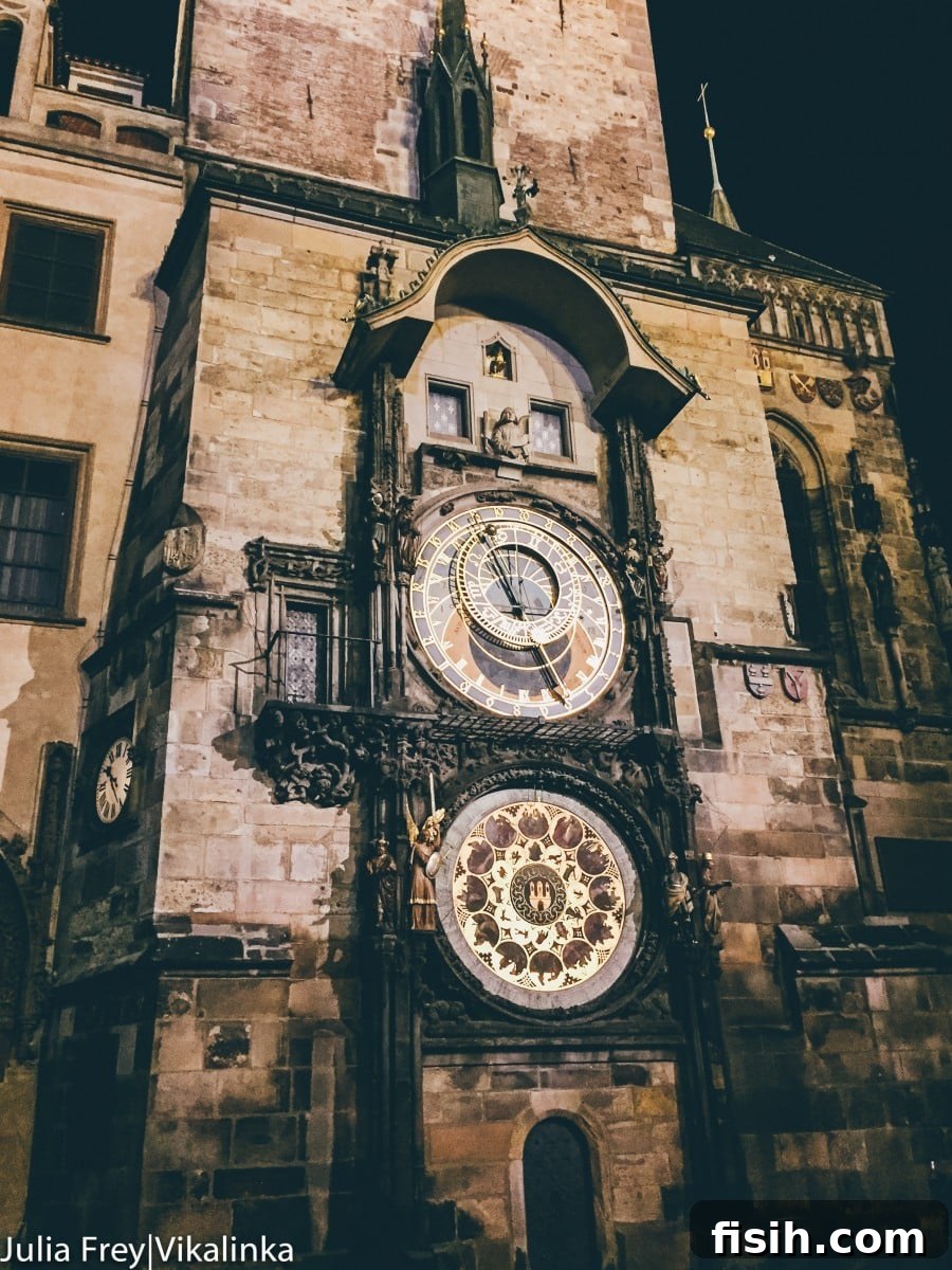 Astronomical Clock illuminated at night in Prague