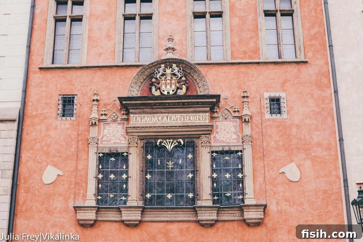 Close-up of a statue in Old Town Square with intricate details