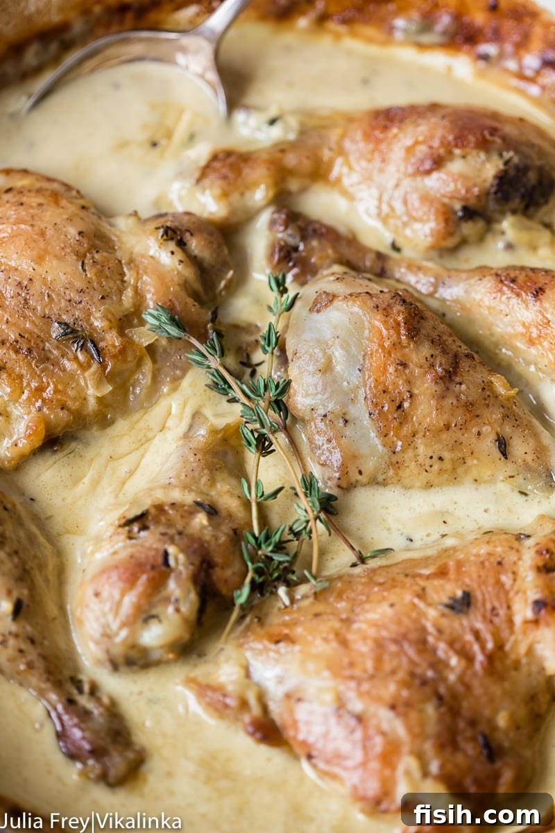 Creamy Wine Mustard Chicken 4 Chicken thighs and legs simmering in a creamy mustard sauce, adorned with fresh thyme sprigs, promising a comforting meal.