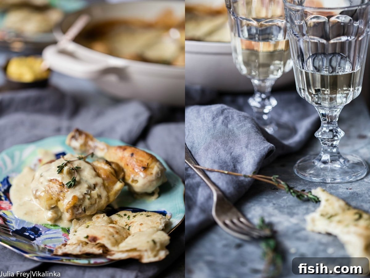 Creamy Wine Mustard Chicken 5 A vibrant collage featuring the finished chicken dish on a blue plate alongside two glasses of white wine, inviting you to savor the experience.