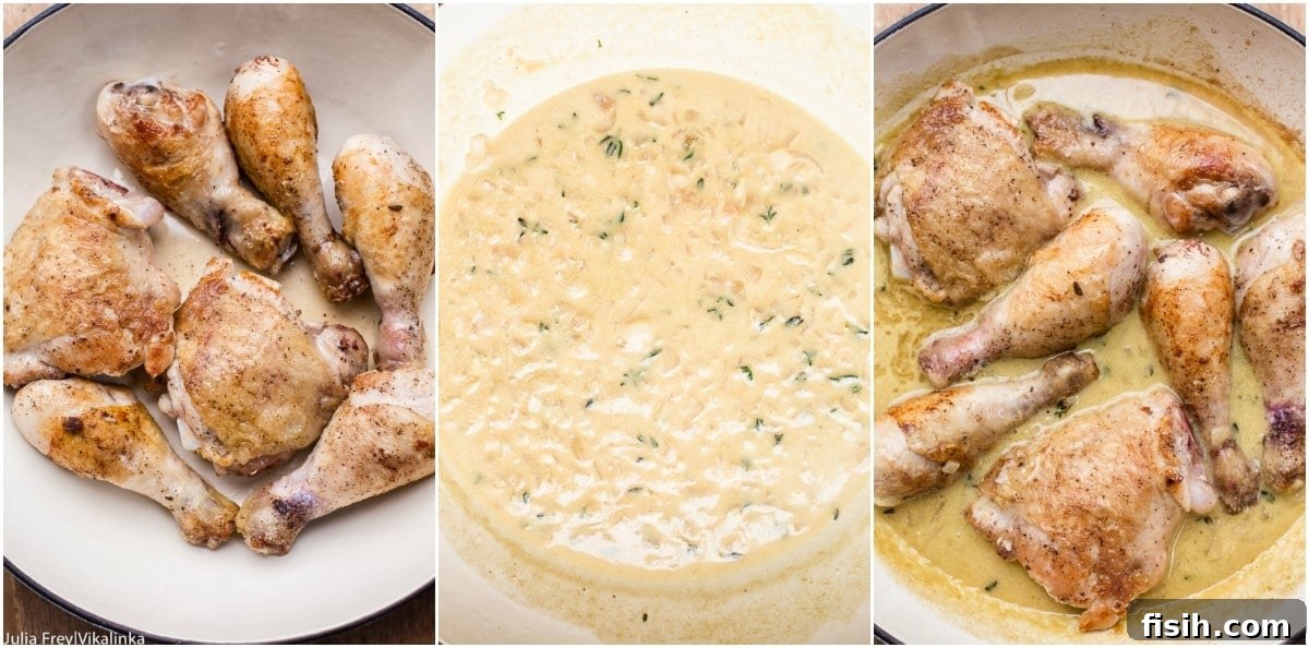 Creamy Wine Mustard Chicken 7 A visual collage illustrating three key cooking stages for preparing delicious Dijon chicken, guiding you through the process.