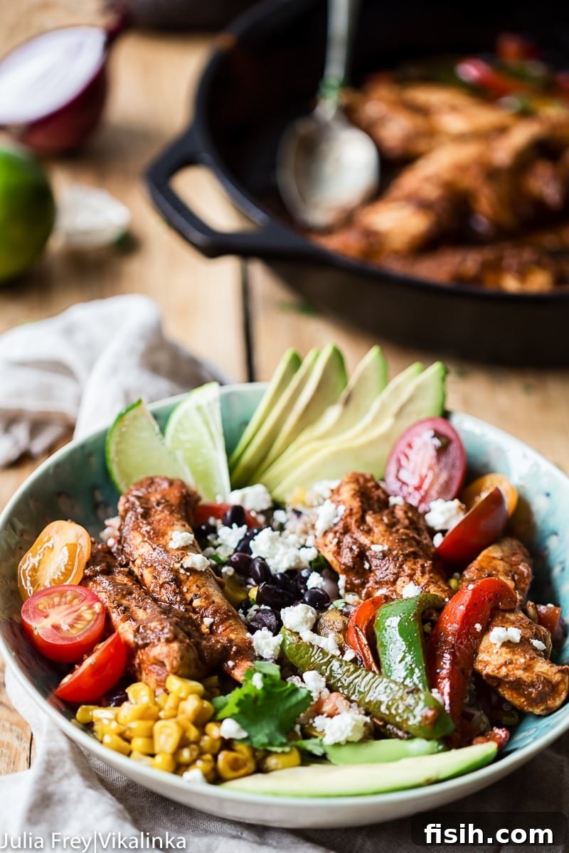 Fiesta Chicken Fajita Bowl 4 Chicken Fajita Bowl from the side with pan in the background