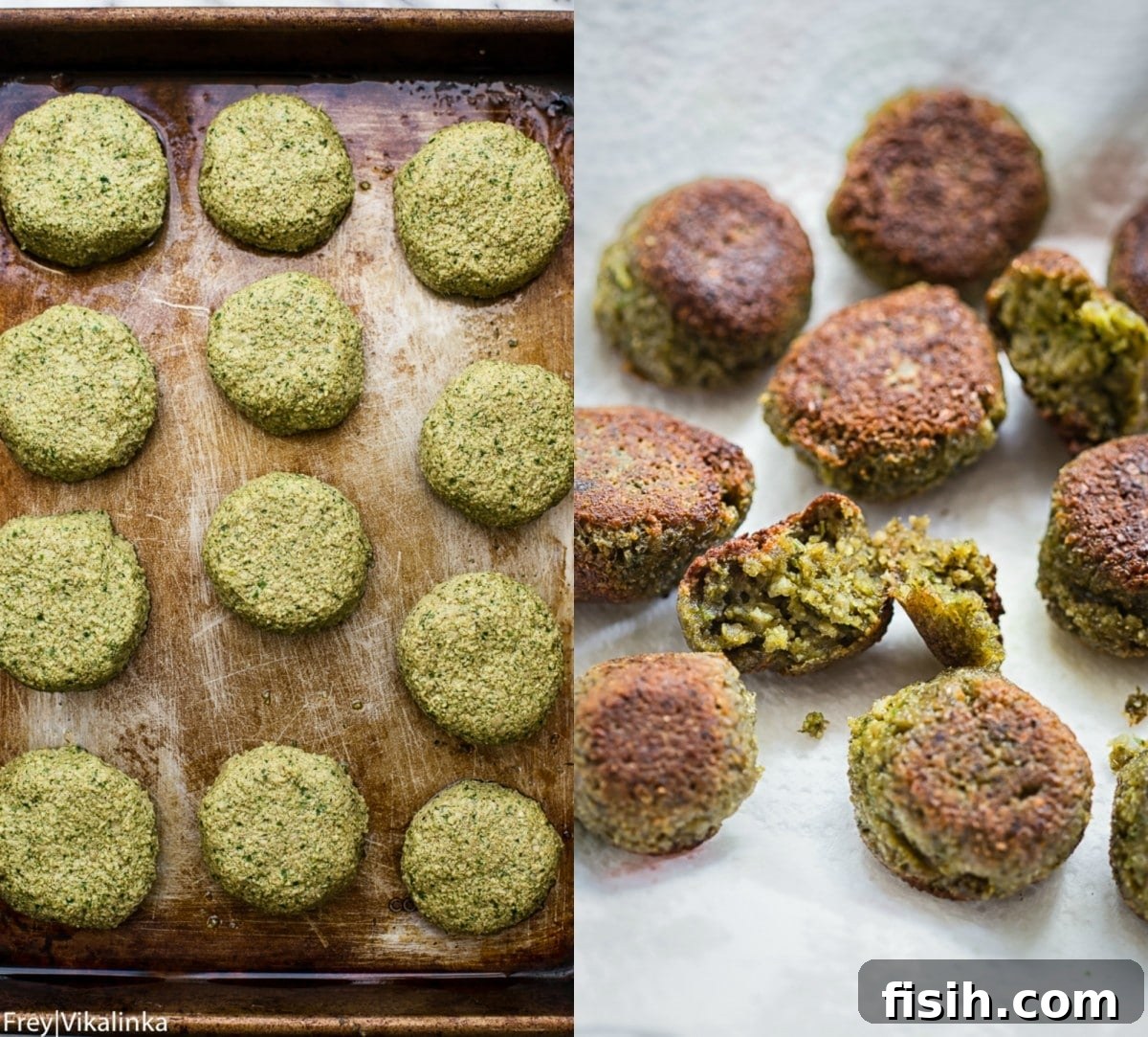 Before and after shots of raw and cooked falafel patties