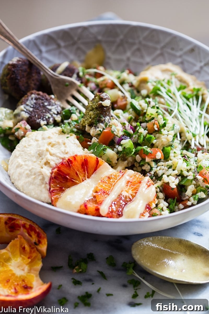 Close-up shot of the colorful and inviting falafel salad bowl