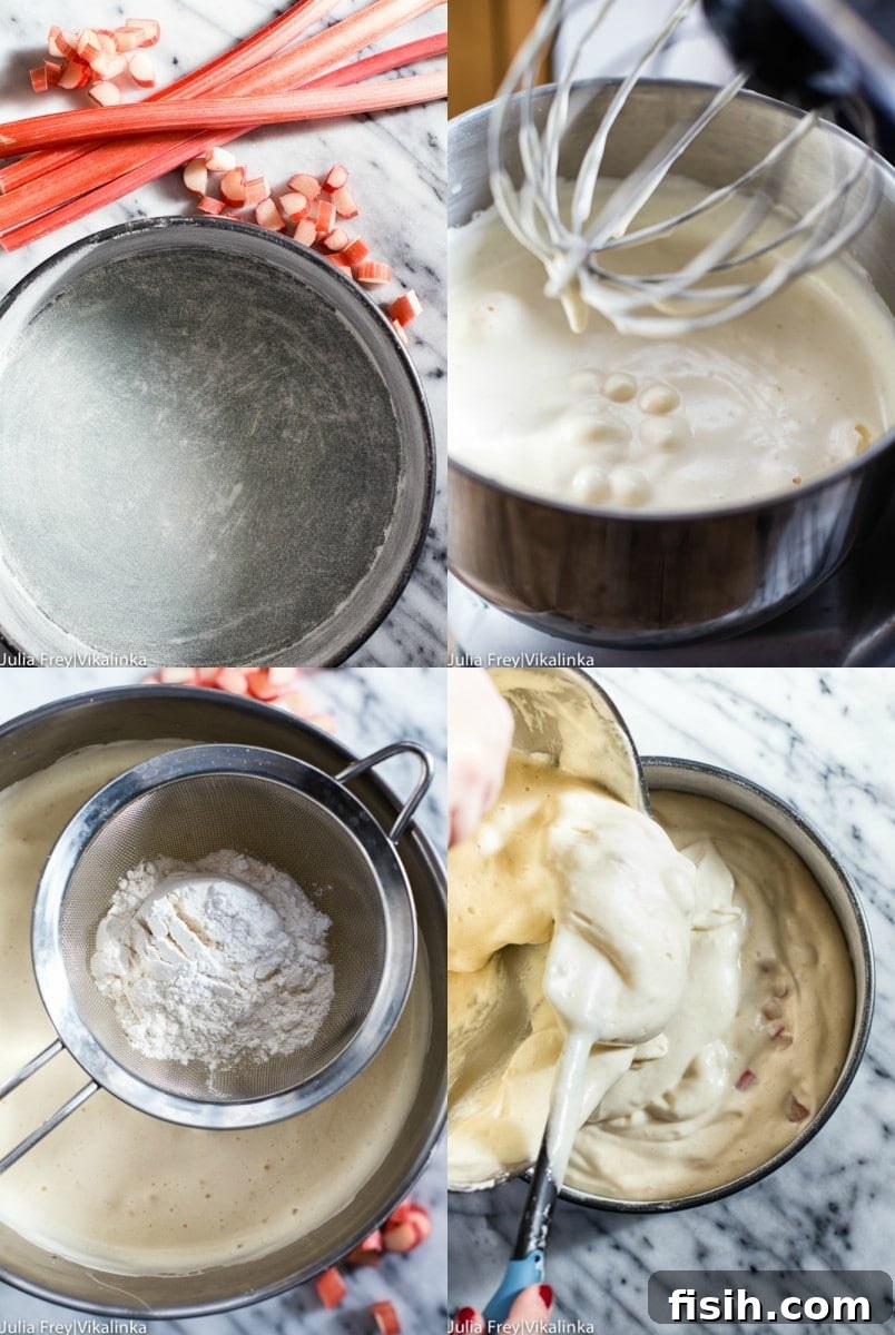 A collage of images showing the process of baking Rhubarb Sharlotka Cake