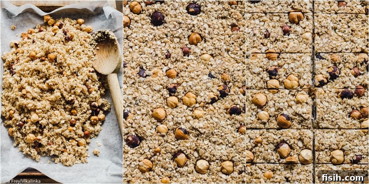 A visual collage illustrating the three key steps for making granola bars: combining ingredients, pressing into a pan, and the baked result.