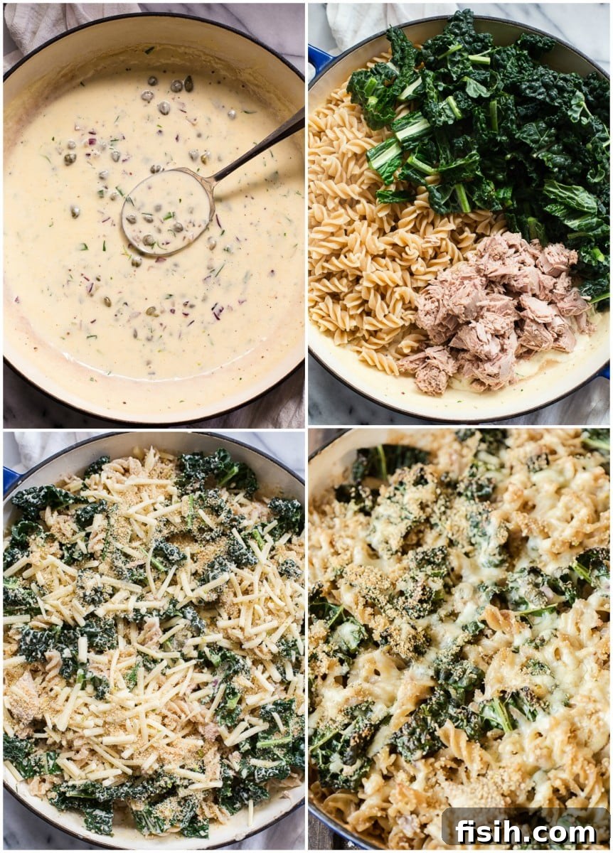 Four images of Tuna Noodle Casserole with Kale