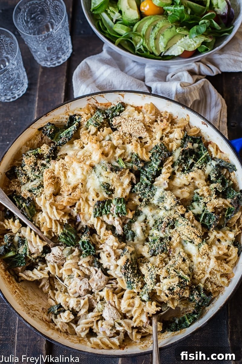 Scoop of Tuna Noodle Casserole with Kale on a plate