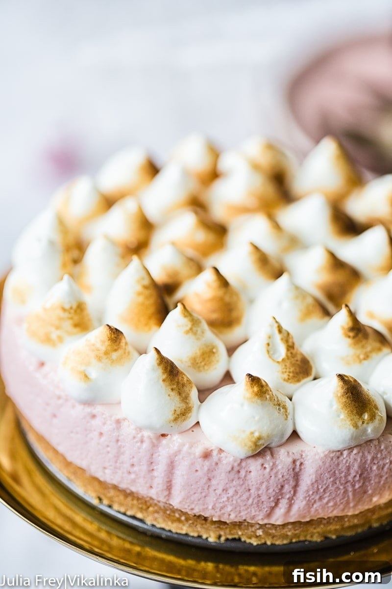 Close view of cheesecake showing meringue with light browning