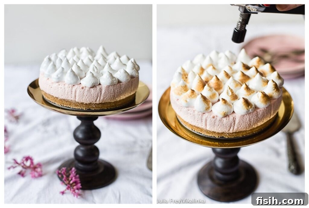 Process shots of assembled cheesecake having meringue blow torched