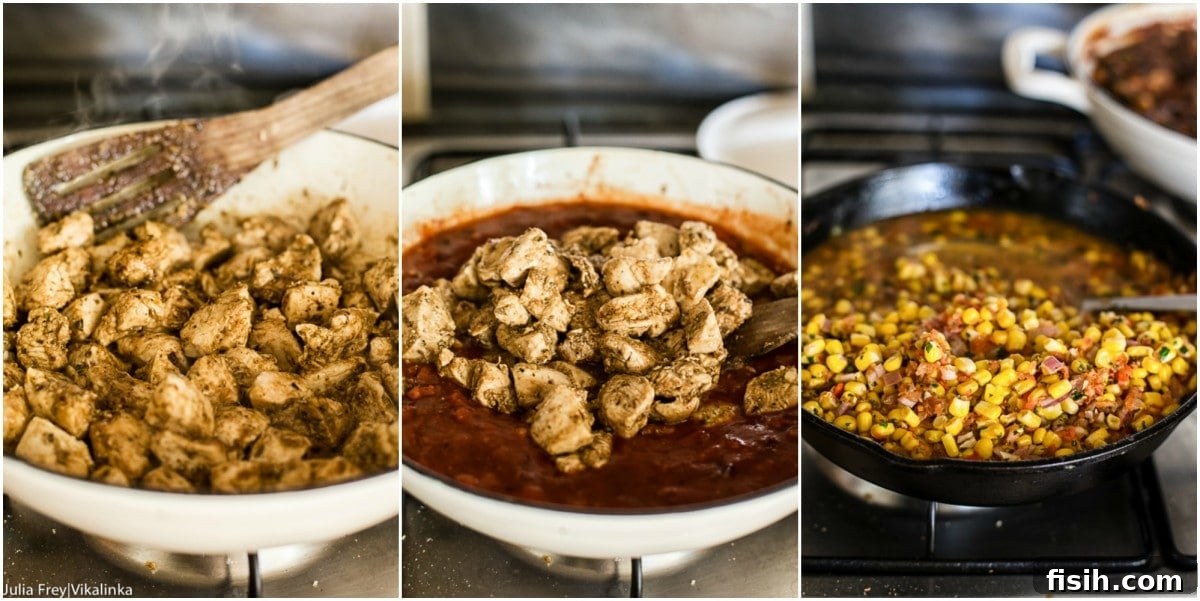 Chicken Chilaquiles with Warm Sweet Corn Salsa 4 Process shots showing making of the meat and sauce