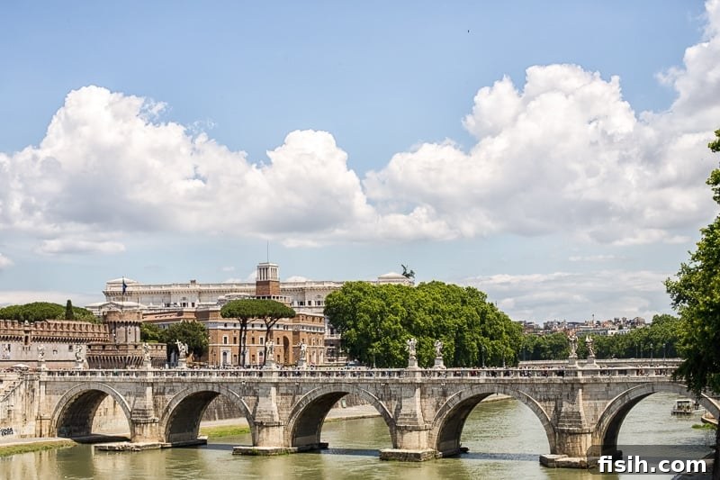 A serene view across the Tiber River in Rome, with historic buildings lining its banks
