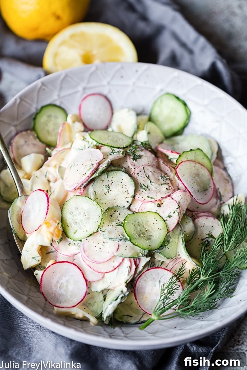 Dill cucumber, radish, and egg salad in a rustic grey bowl, garnished with more fresh dill.