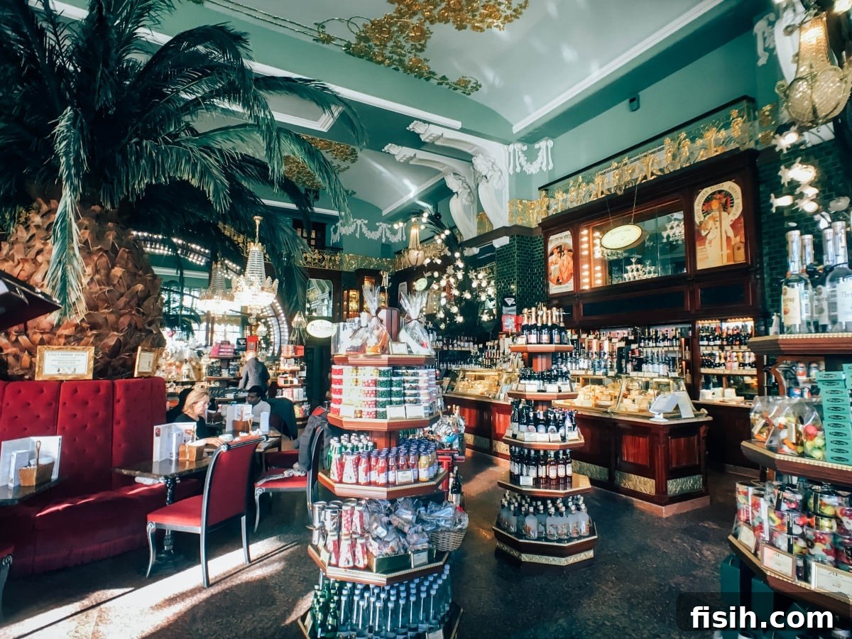 Opulent interior of the Elisseeff Emporium, a historic gourmet food hall in Saint Petersburg